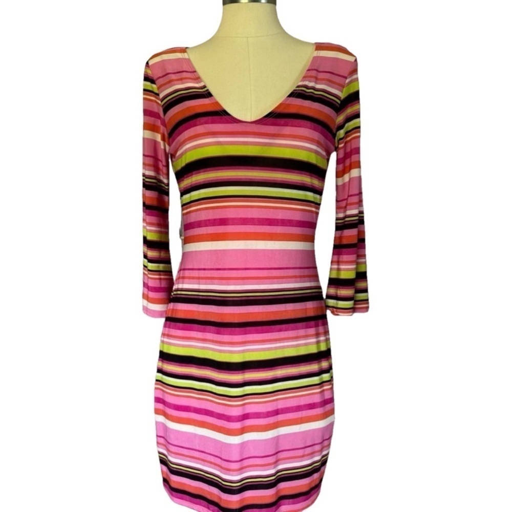 SNAP womens pink multicolor 3/4 sleeve body con mini striped dress